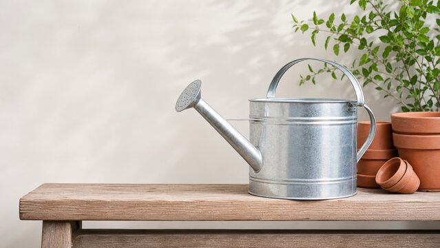 Metal watering can sits beside empty flower pots on a wooden bench against a beige wall