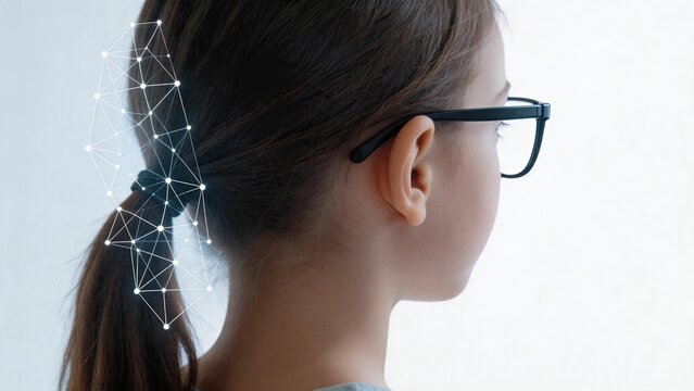 Side profile of woman wearing glasses with biometric face recognition mesh overlay, advanced security technology concept for identity verification and artificial intelligence