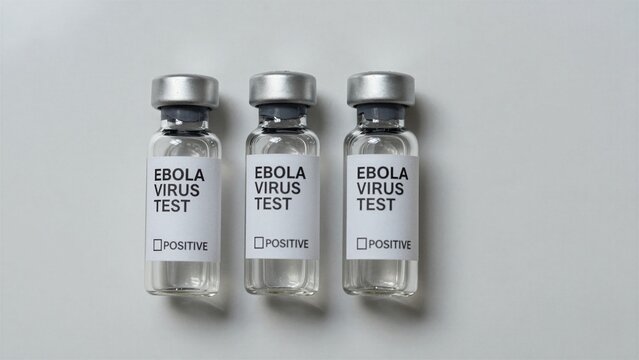 Three vials labeled 'Ebola Virus Test' with positive results on a clean lab bench.