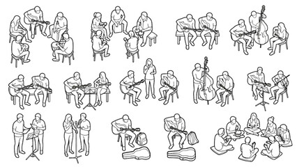 Fototapeta premium Acoustic Musicians and Guitar Players Lineart Vector Set with Isometric Character Poses
