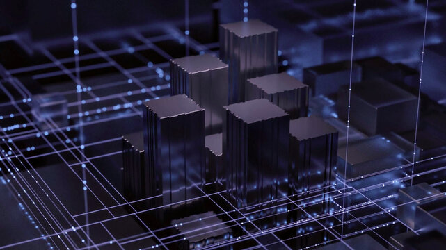 3D rendering of a futuristic city in the form of a binary code