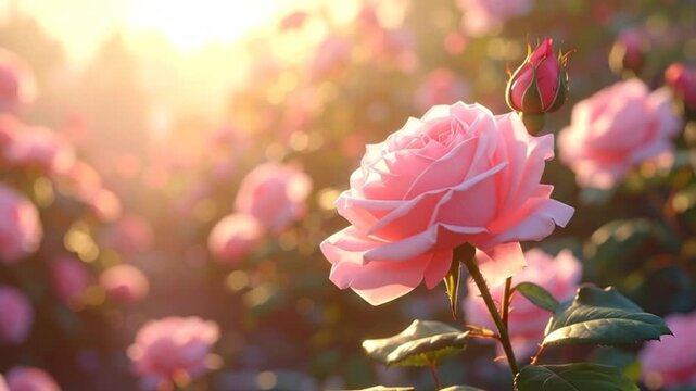 A delicate pink rose blooms in the soft morning sunlight