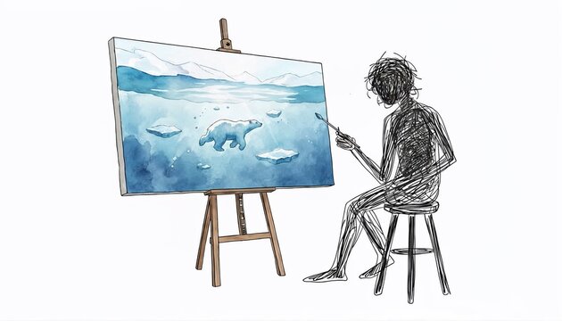 Scribble Line Art Artist Painting Blue Ocean Underwater Shark Fish Watercolor Canvas Easel