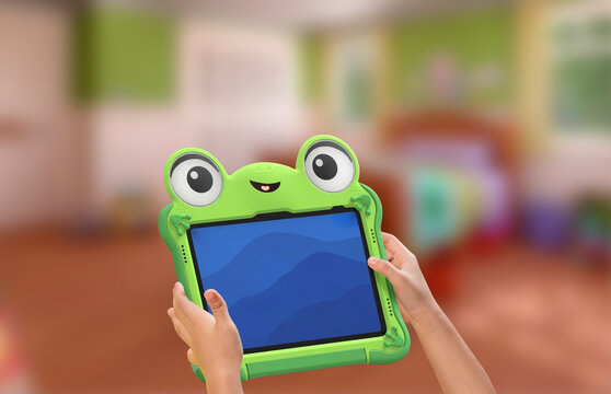 Kids hand holding tab with rubber frog case