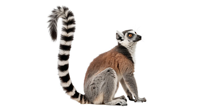 Beautiful wild ring tailed lemur animal sitting full length profile isolated on transparent background
