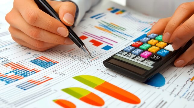 A person uses a calculator while working on financial documents with graphs and charts, representing the detailed analysis necessary for financial planning.