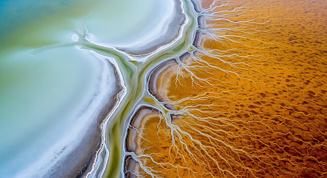 Aerial view of saline lake patterns and salt flats with landscape environment abstract sediment formation ecological topography