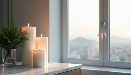 Fototapeta premium Three white pillar candles and green plant on marble counter. Window view of cityscape and mountains. Peaceful home interior with soft light.