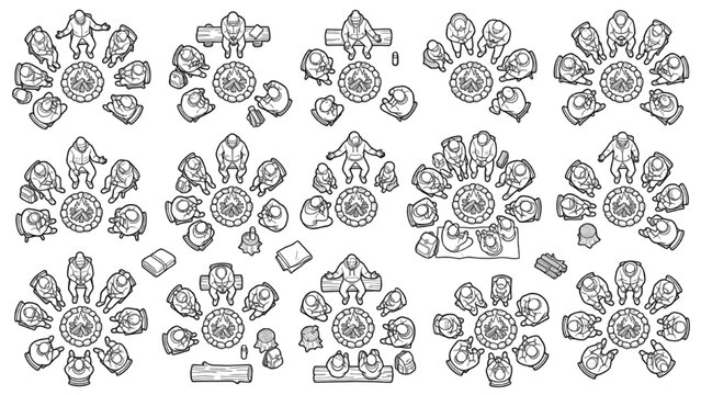 People Sitting Around Bonfire Mandala Arrangements Outline Vector Pack with Top Down Poses
