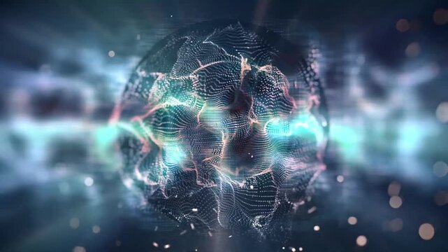 Abstract cyber plexus sphere mesh with glowing energy lines and floating particles on a dark background