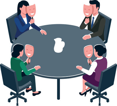 Business People Holding Smiling Masks in Conference Meeting Vector for Corporate Hypocrisy Fake Identity Deception and Toxic Office Politics Conceptual Designs