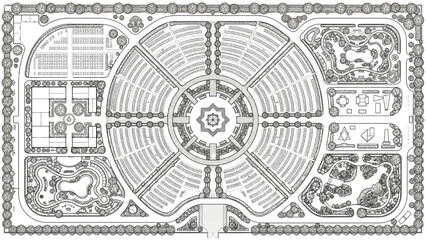 Naklejka premium Cemetery Plan and Graveyard Architectural Blueprint Outline Vector Top View Layout