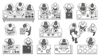 Fototapeta premium Restaurant Kitchen Chefs Preparing Food Lineart Vector Set with Overhead Layout Poses