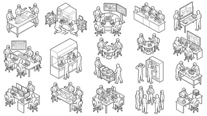 Obraz premium Laboratory Scientists and Technical Operators Lineart Vector Set with Isometric Poses