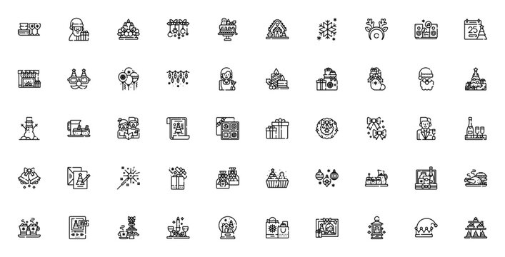 Christmas Party icon set. Minimal vector icons. Featuring dinnerware, Santa Claus, decoration, tree, snowman, gifts, lights, candles, eggnog, and more. Editable vector stroke.
