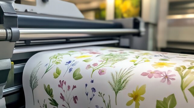 A machine is printing a white roll of paper. The roll is being fed into the machine and the paper is being printed on
