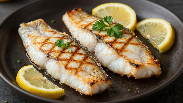Two perfectly grilled haddock fillets served on a dark plate, garnished with fresh lemon wedges and green herbs.