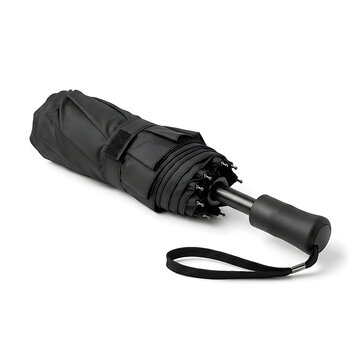 Black Foldable Travel Umbrella Isolated on a Plain White Background Studio Shot