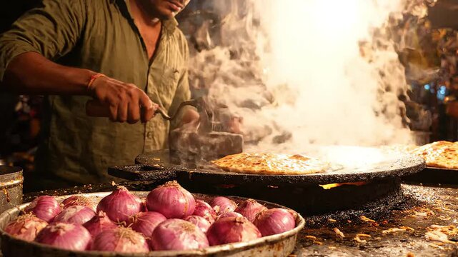 Indian street vendor preparing traditional flatbread on a hot griddle with onions in the foreground and steam rising from the cooking process