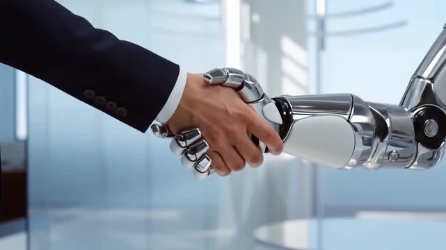 Businessman shaking hands with a robotic arm in a modern office setting. Symbolizes the collaboration between humans and technology in the future workplace