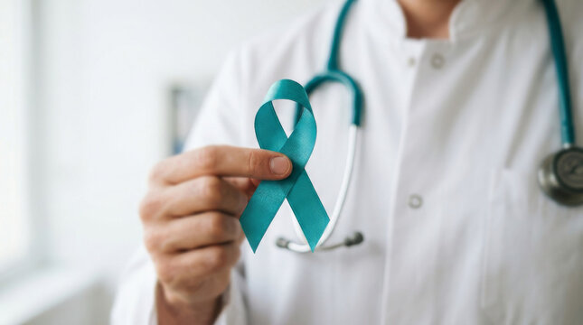 Teal awareness ribbon held by doctor, cervical and ovarian cancer support symbol, medical professional with stethoscope promoting health education