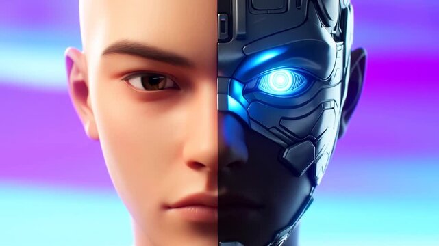 Futuristic split face of a human and a robot, showcasing the blend of technology and humanity. Represents the evolution of artificial intelligence and its impact on society