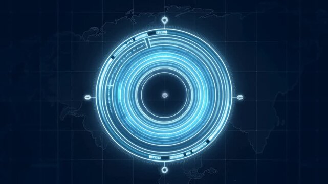Futuristic digital radar interface displaying rotating circular patterns. Represents advanced technology and data visualization in modern applications