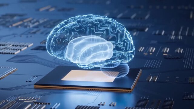 Futuristic digital brain hologram hovering above a microchip. Represents the intersection of technology and artificial intelligence in modern computing