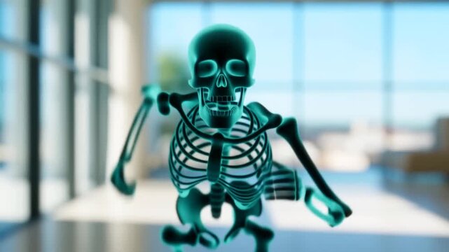 Animated skeleton running in a bright, modern environment. Represents health, fitness, and the human body's capabilities