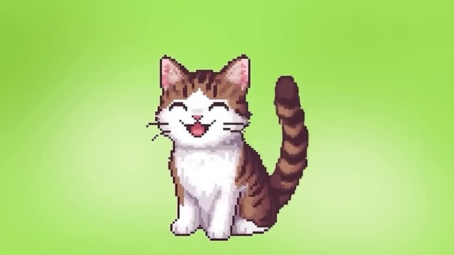 Happy pixel art cat character with a joyful expression. Represents fun, creativity, and digital art in gaming and animation