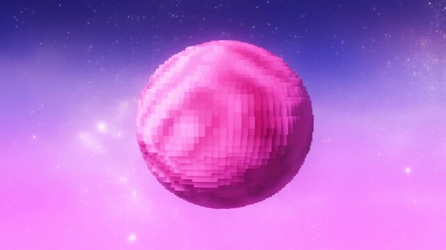 Animated pink pixelated planet rotating in a dreamy cosmic background. Represents creativity, imagination, and digital art in a vibrant universe