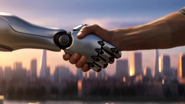 Human and robot shaking hands against a city skyline at sunset. Symbolizes collaboration between technology and humanity for a better future