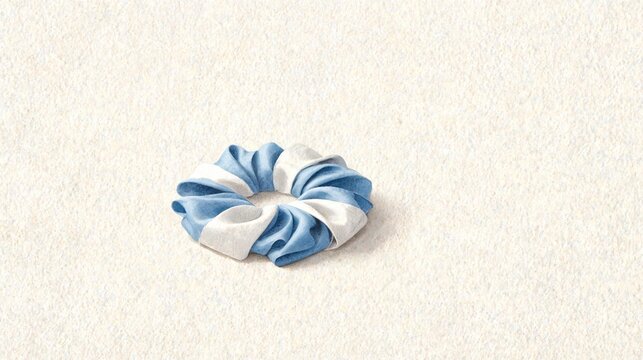 Soft blue and white fabric scrunchie resting on a textured light beige paper background surface