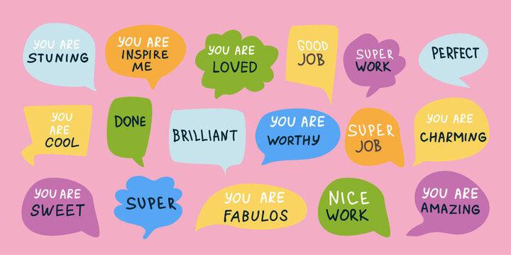 Good job label and symbols on pink background set. Colorful speech bubble talks. Good work school and sport achievement, compliment stickers.