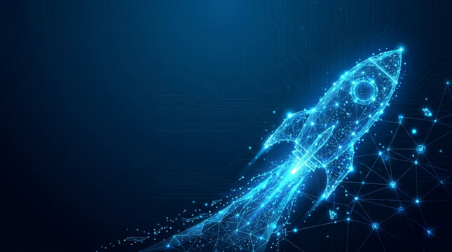 Abstract glowing rocket ship made of interconnected dots and lines soaring through space with a digital network pattern