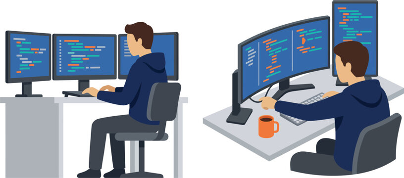 Programmers Working at Computer Monitors with Code Interfaces and Keyboard Setup, Flat Vector Illustration with Copy Space