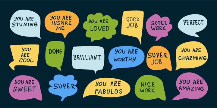 Good job label and symbols set. Colorful speech bubble talks. Good work school and sport achievement, compliment stickers. Brilliant, super, perfect, done and other compliments.