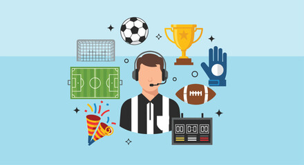 Sports broadcast and referee illustration featuring a commentator in headphones with soccer football and trophy icons. © Sohel