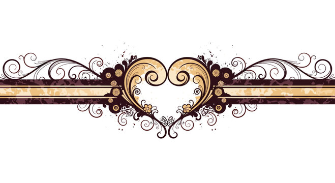 Elegant horizontal border design featuring a central heart shape and intricate floral scrolls in dark brown and gold.