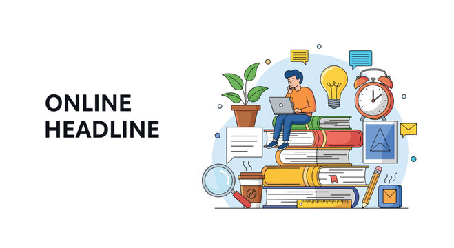 Online headline illustration of a student with a laptop sitting on a tall stack of books with educational icons and symbols.