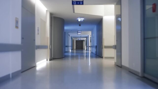 Empty hospital corridor with bright lighting and modern design. Represents healthcare environment, emphasizing cleanliness and safety in medical facilities