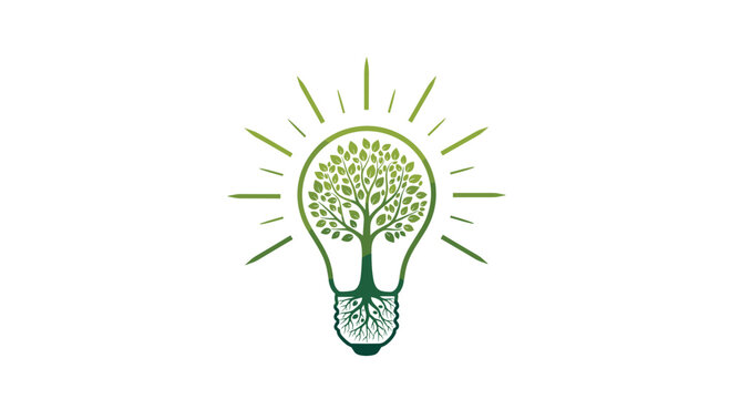 Creative green energy concept featuring a glowing light bulb with a green leafy tree growing inside on a clean white background.