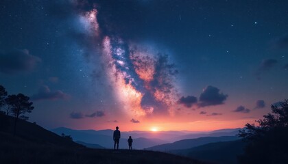 Fototapeta premium Two silhouetted figures stand on hill watching vibrant Milky Way galaxy, meteor shower. Sunset colors blend with starlight over rolling mountains. Cosmic view inspires wonder, contemplation about