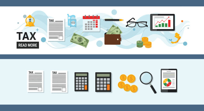 Comprehensive tax and finance banner set with icons for documents money calculator magnifying glass and growth charts.