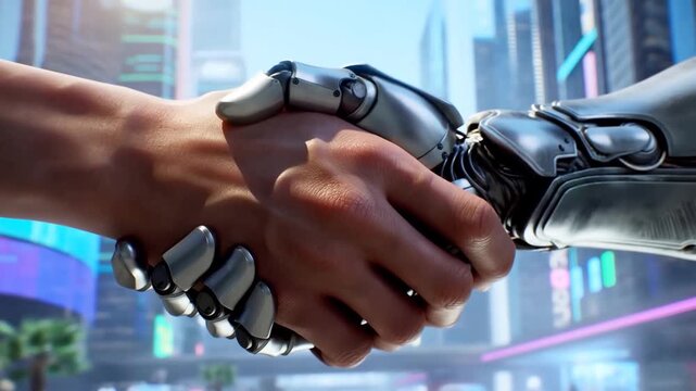 Human and robotic hands shaking in a futuristic cityscape. Symbolizing collaboration between technology and humanity in a modern world