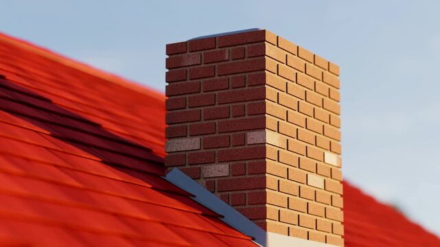 Close-up view of a brick chimney on a red-tiled roof. Essential for home heating and ventilation, symbolizing comfort and warmth