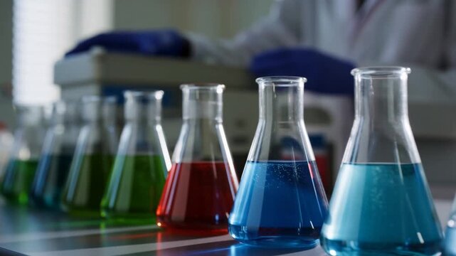 Colorful laboratory flasks filled with liquids in various hues. Essential for scientific research and experimentation in chemistry and biology