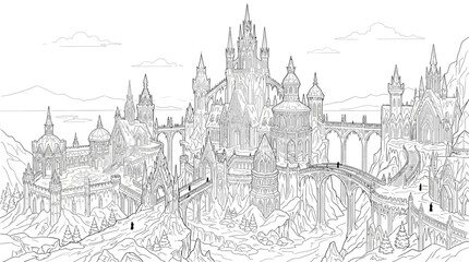 Intricate line art illustration of a majestic fantasy castle complex. © Afi