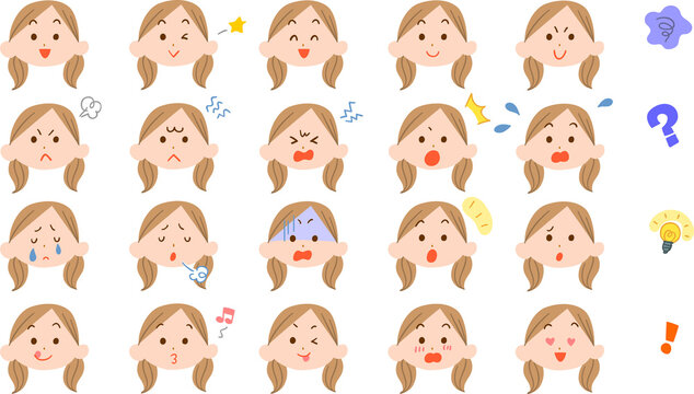 髪の毛を2つに縛った若い女性の様々な表情のイラストセット