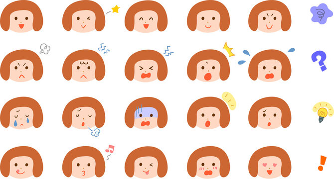 おかっぱの若い女性の様々な表情のイラストセット